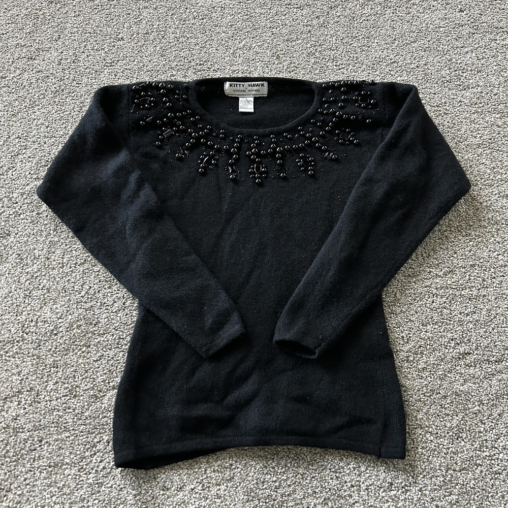 Vintage Kitty Hawk By Vivian Wang Sweater Womens Med Black Beaded Crew Pullover